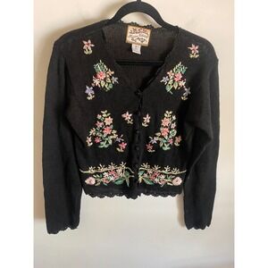 Heirloom Collectibles Vintage Black Floral Embroidered Cardigan Sweater Medium